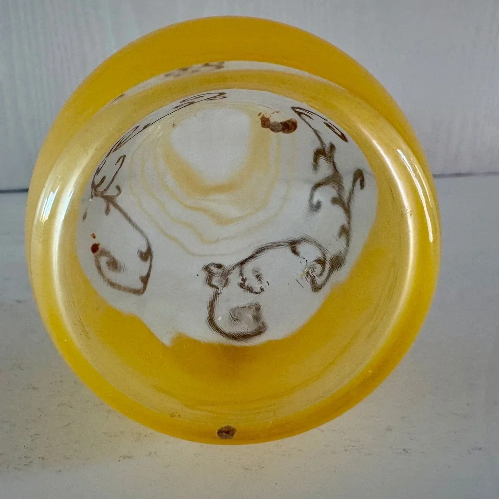 Vintage Style Yellow Hand Painted Glass Bud Vase Ruffled Rim Gold Filigree 9